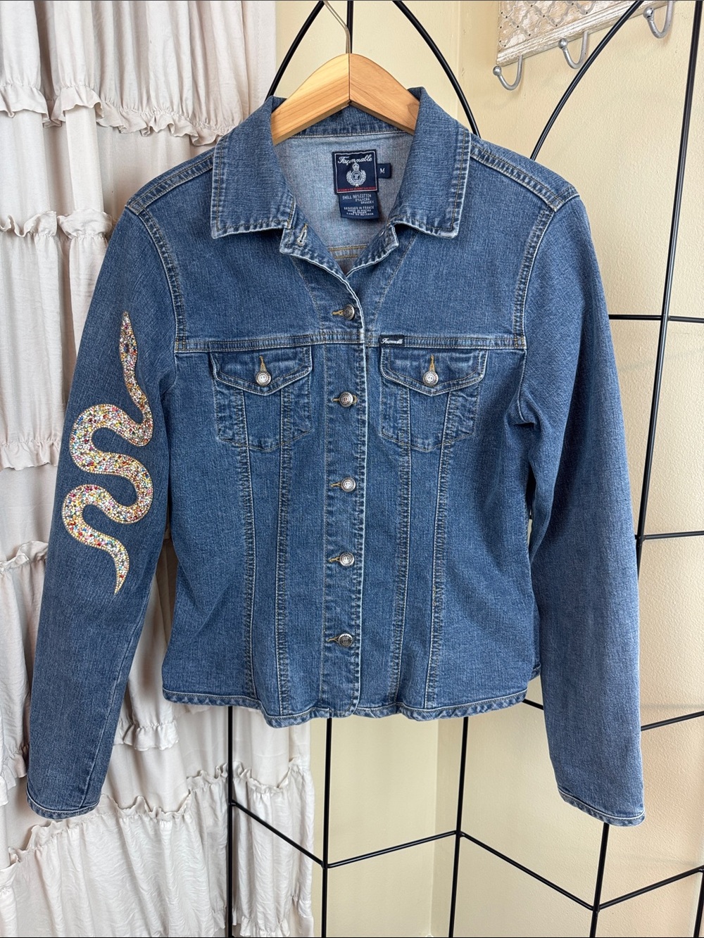 Faconnable Blue Denim Jacket with Multicolor Sequin Snake Size M Like New